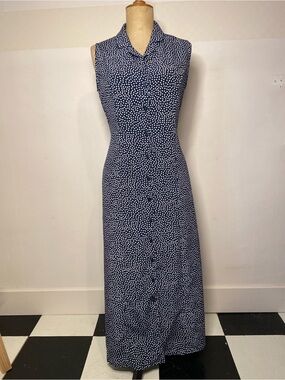 Gloria Vanderbilt Navy Polka Dot Midi Dress Button Front Sleeveless Size 10